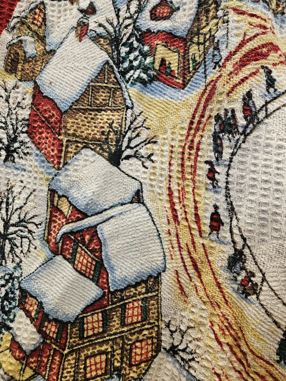 Vintage-Style Red Holiday Tree Skirt w/ Winter Village Scene Waffle Knot Fringe
